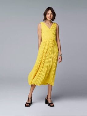Simply Vera Vera Wang Bright Yellow Pleated Wrap Midi Dress